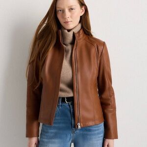 Quince Leather Jacket Dark Cognac Brown Stand-Collar Zip XL (Women) Gorgeous!